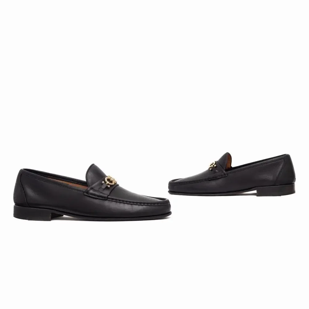 950$ SALVATORE FERRAGAMO Black Leather Gold Gancini Bit Loafers US 10.5 D